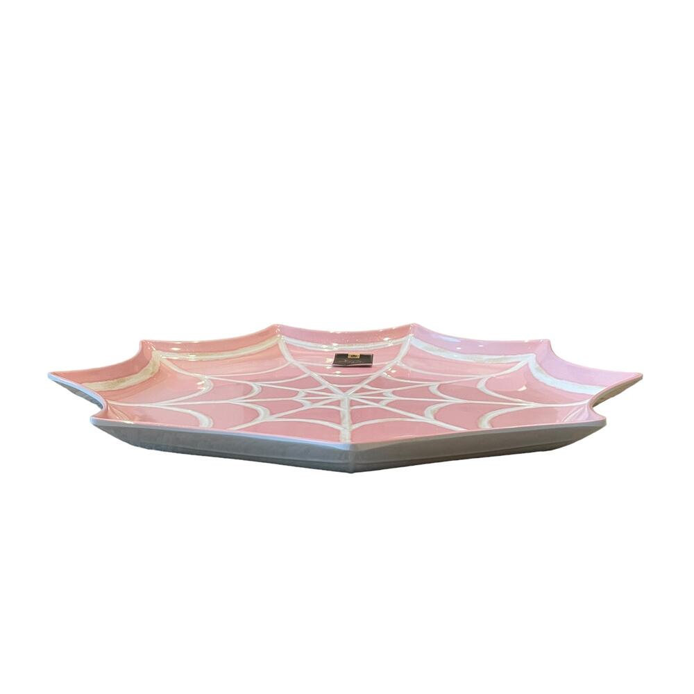 SPOOKY NIGHT Large Melamine Spider's Web Serving Tray 16in Pink & White BOO New - Picture 7 of 14